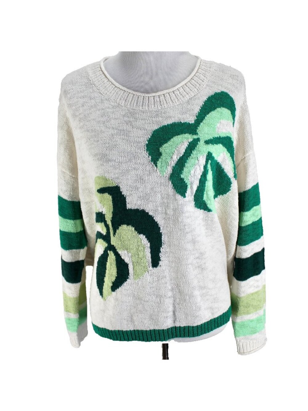 Lou & Grey Sweater Womens Size L Ivory Green Palm Trees Drop Shoulder Pullover